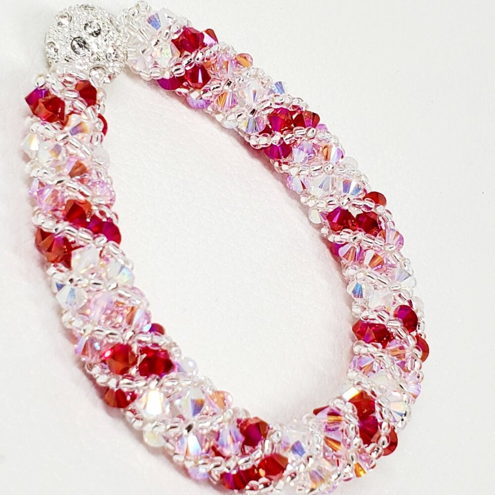Red Crystal Beaded Bracelet, Handmade Spiral Twist Jewelry, Sparkling Rhinestone